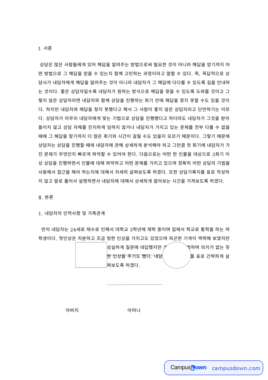 상담심리 과제 – 상담 사례 분석, 내담자 가족관계와 문제 자료의 첫 페이지 미리보기