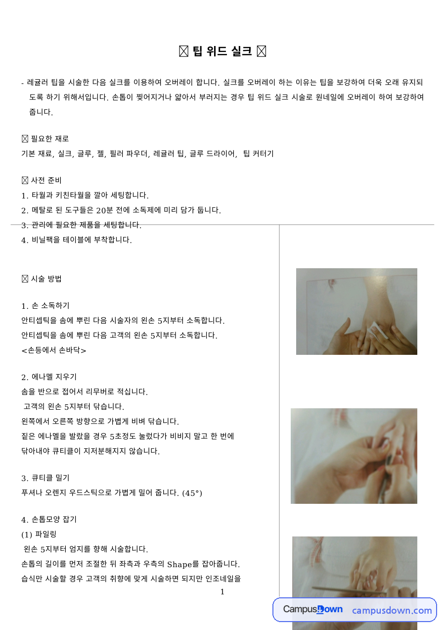 미용 과제 – 팁 위드 실크 네일 시술 과정 자료의 첫 페이지 미리보기