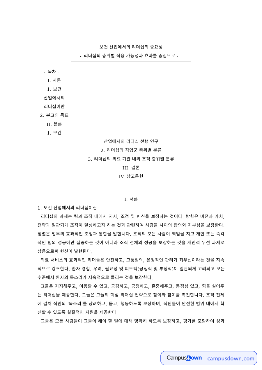 보건경영 과제 – 보건 산업에서의 리더십의 중요성 자료의 첫 페이지 미리보기