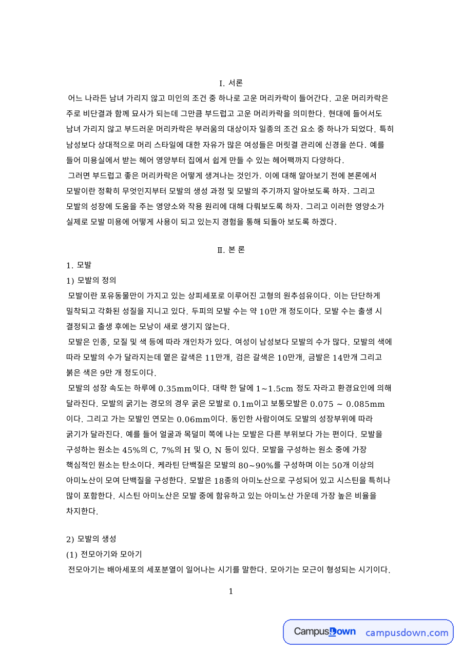 헤어팩과 모발 성장주기 모발의 정의와 성장 영양소 정리 자료의 첫 페이지 미리보기