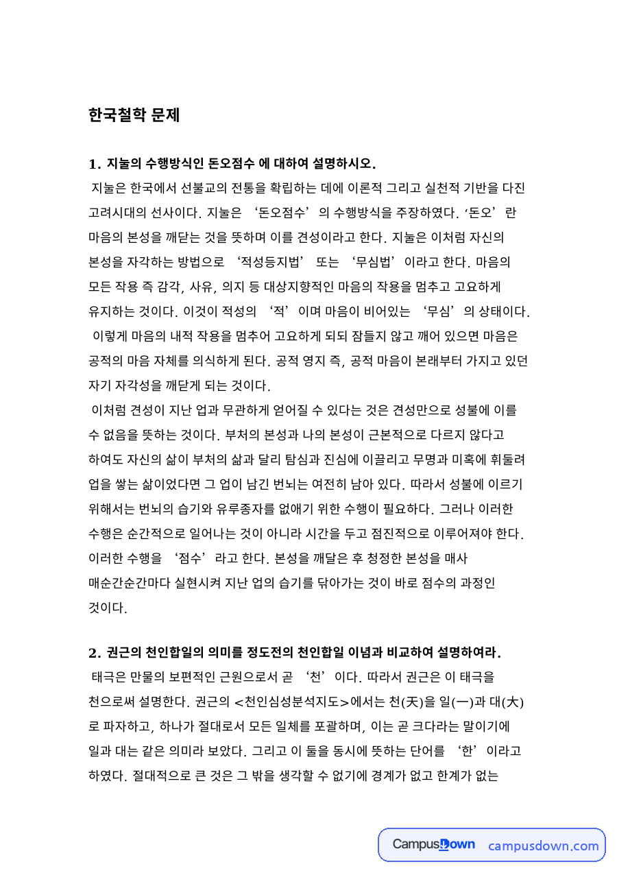 한국철학 문제 자료의 첫 페이지 미리보기