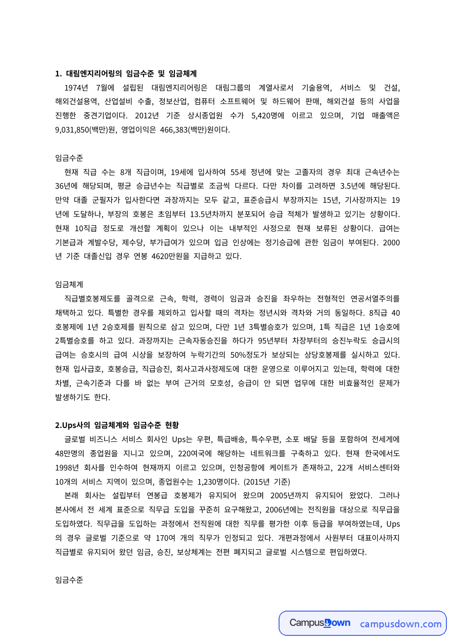 임금관리 과제 – 국내외 기업의 임금수준과 임금체계 비교 자료의 첫 페이지 미리보기