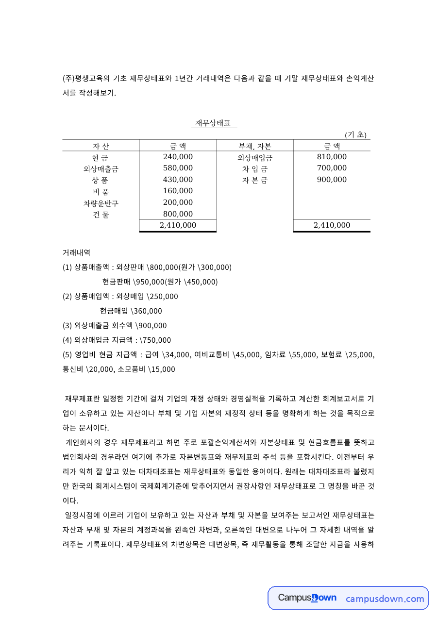 회계원리 과제 – 거래내역을 통한 기말 재무상태표와 손익계산서 작성 자료의 첫 페이지 미리보기