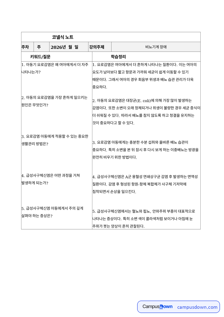 코넬노트 – 아동 비뇨기계 장애 간호 (요로감염) 자료의 첫 페이지 미리보기