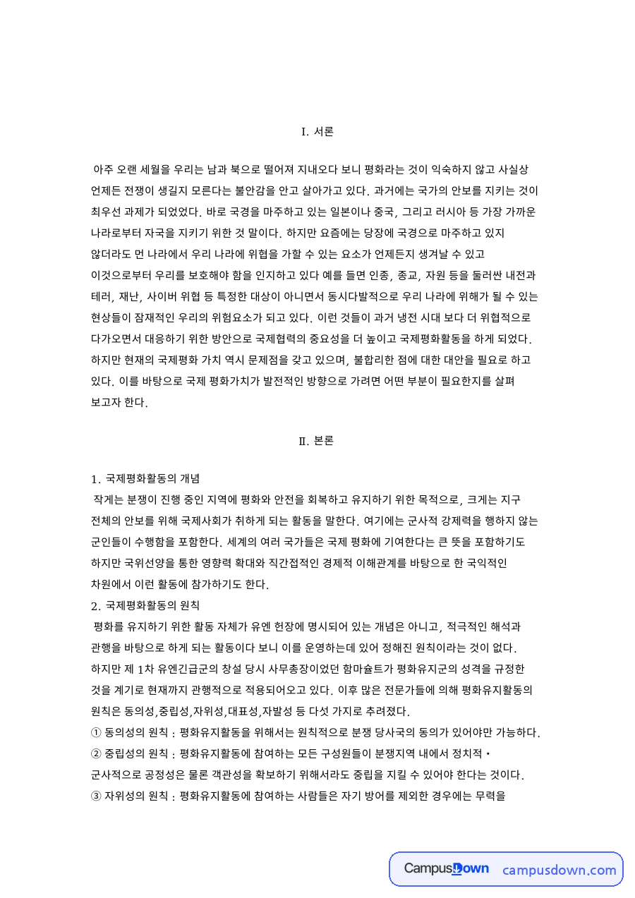 국제평화활동의 개념과 국제평화가치의 문제점 자료의 첫 페이지 미리보기