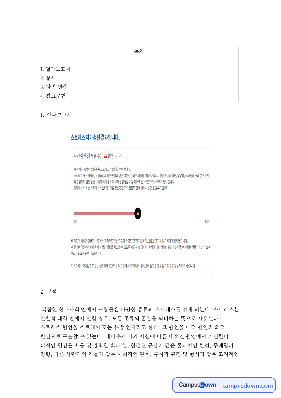 결과보고서와 나의 생각 자료의 첫 페이지 미리보기