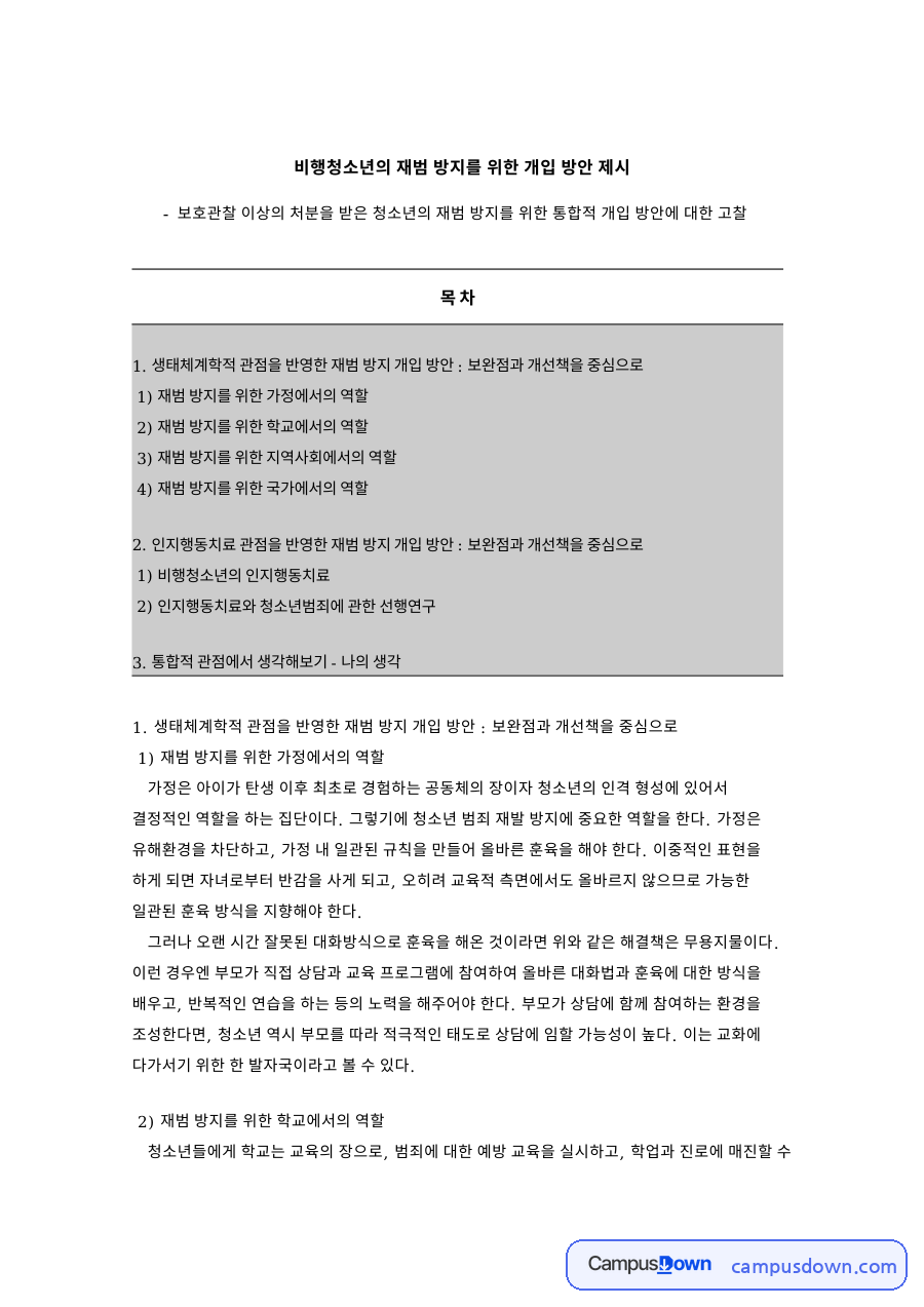 비행청소년의 재범 방지를 위한 개입 방안 핵심 내용 요약 정리 자료의 첫 페이지 미리보기