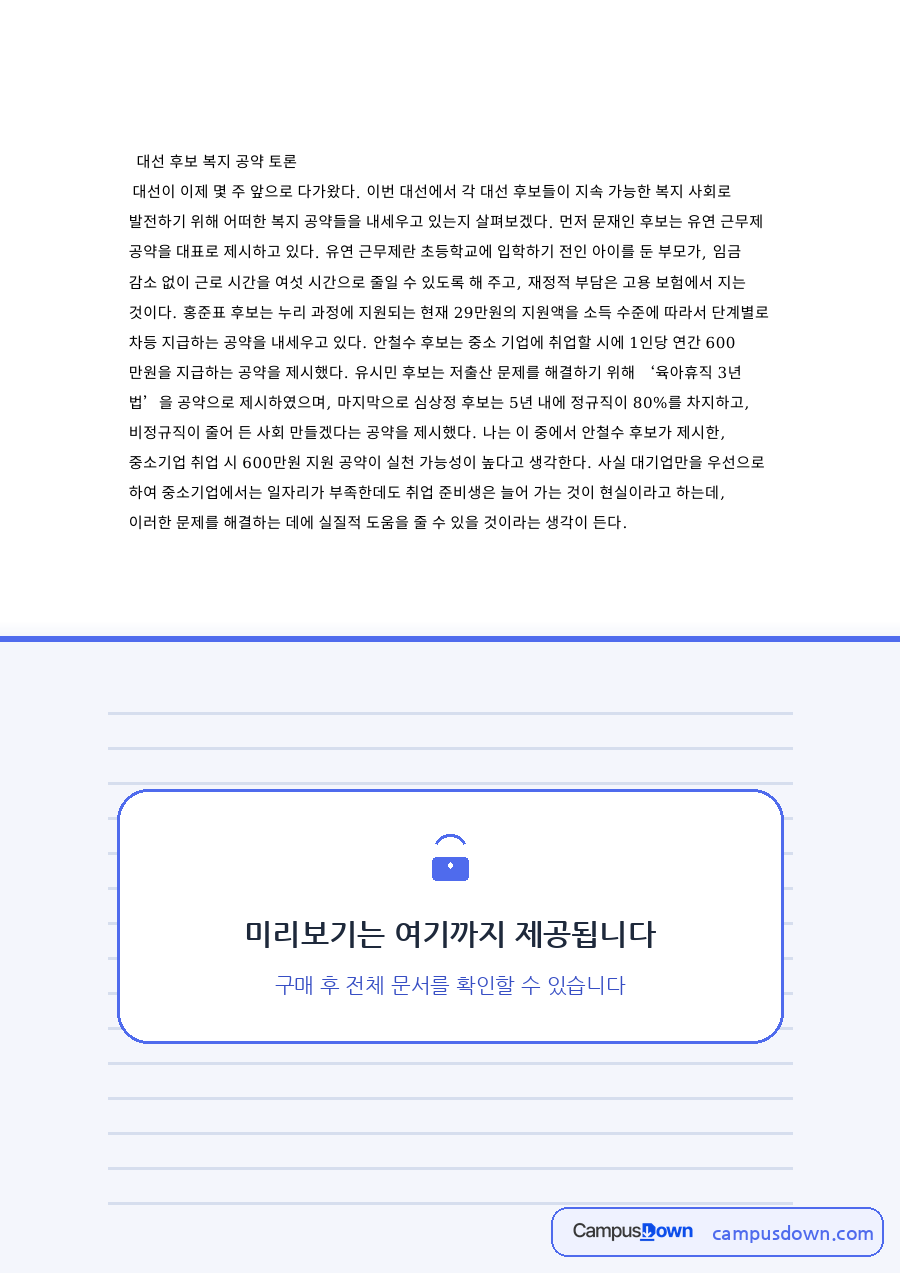 공약과 후보, 대선 관련 핵심 내용 요약 정리 자료의 첫 페이지 미리보기