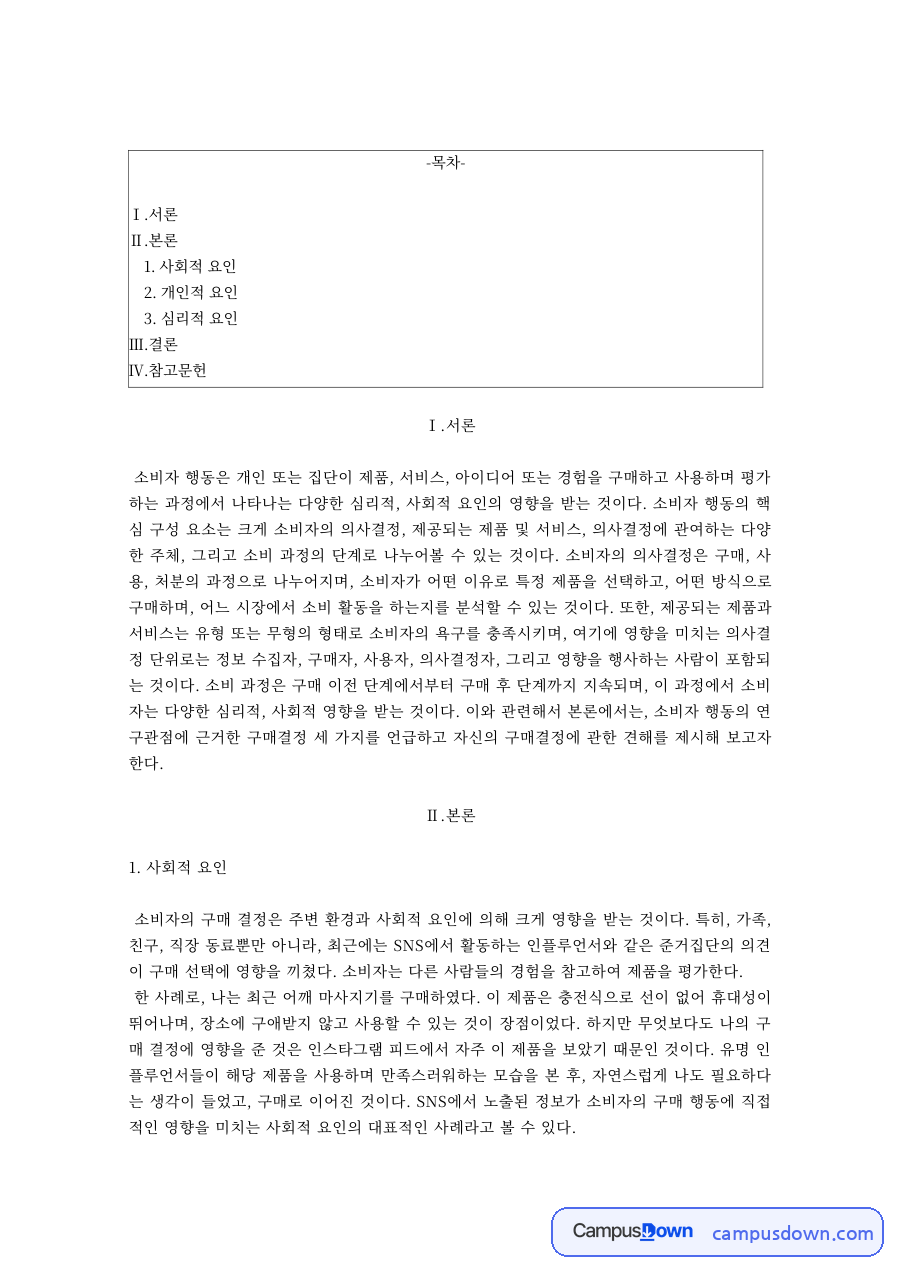 소비자심리학 구매결정 사회적 개인적 심리적 요인 사례 자료의 첫 페이지 미리보기
