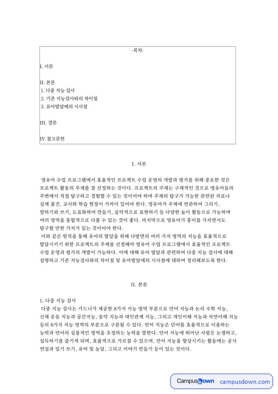 다중 지능 검사 자료의 첫 페이지 미리보기