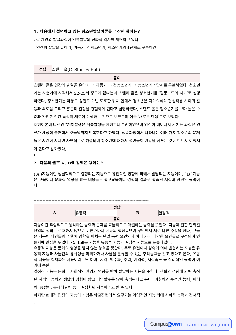 청소년학 과제 – 청소년발달이론 학자별 문제와 해설 자료의 첫 페이지 미리보기