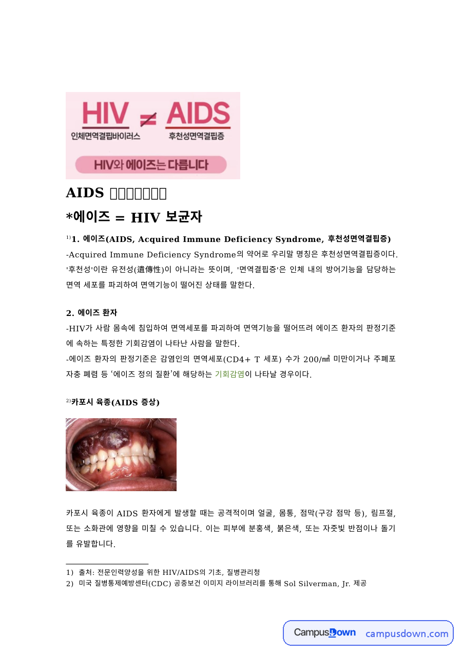 HIV와 AIDS 자료조사 감염경로 증상 치료 예방 자료의 첫 페이지 미리보기