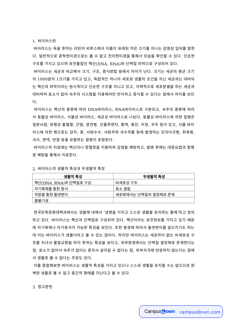 바이러스 구조와 세균과의 차이 생물적 무생물적 특징 정리 자료의 첫 페이지 미리보기