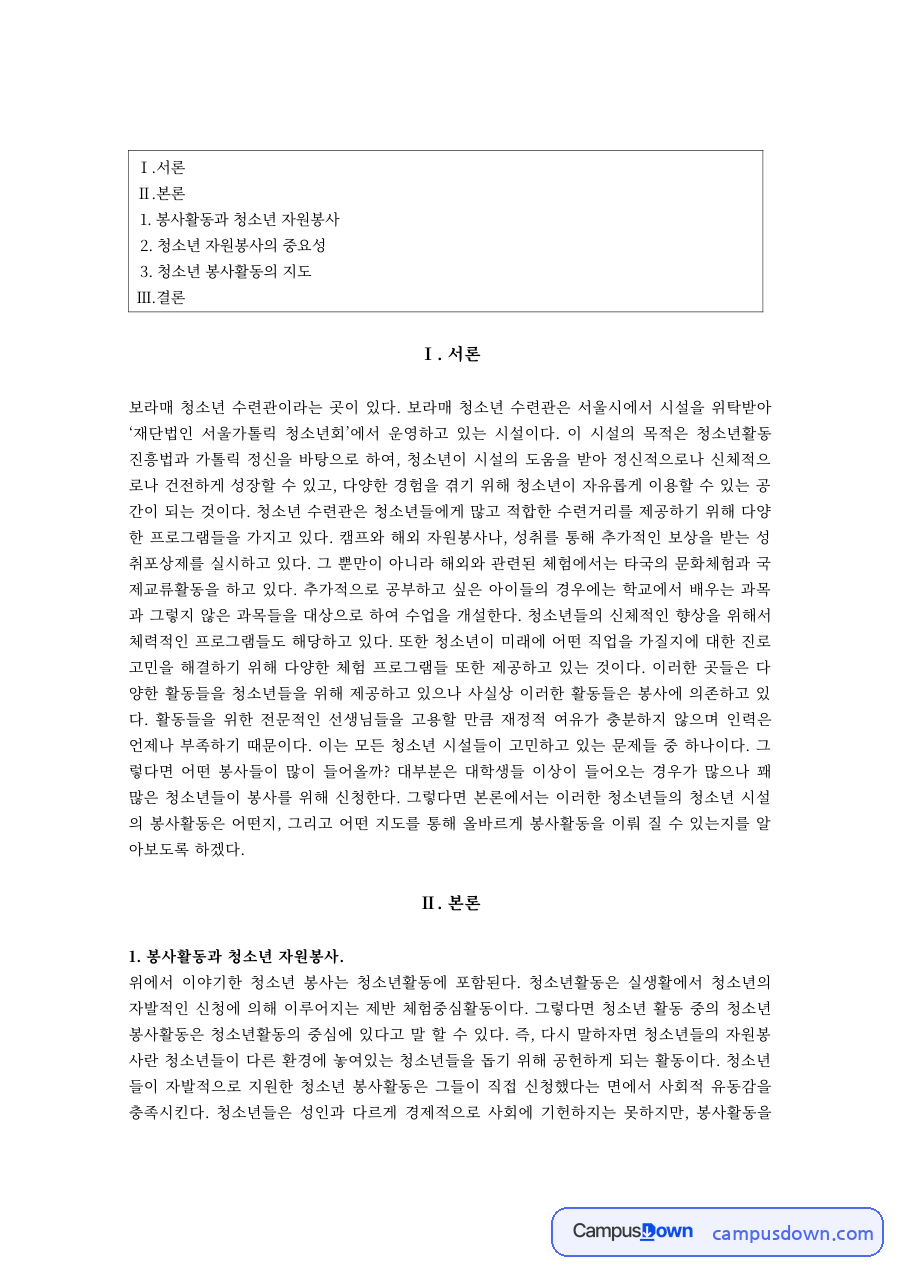 청소년지도 과제 – 보라매청소년수련관으로 본 청소년 봉사활동의 중요성 자료의 첫 페이지 미리보기
