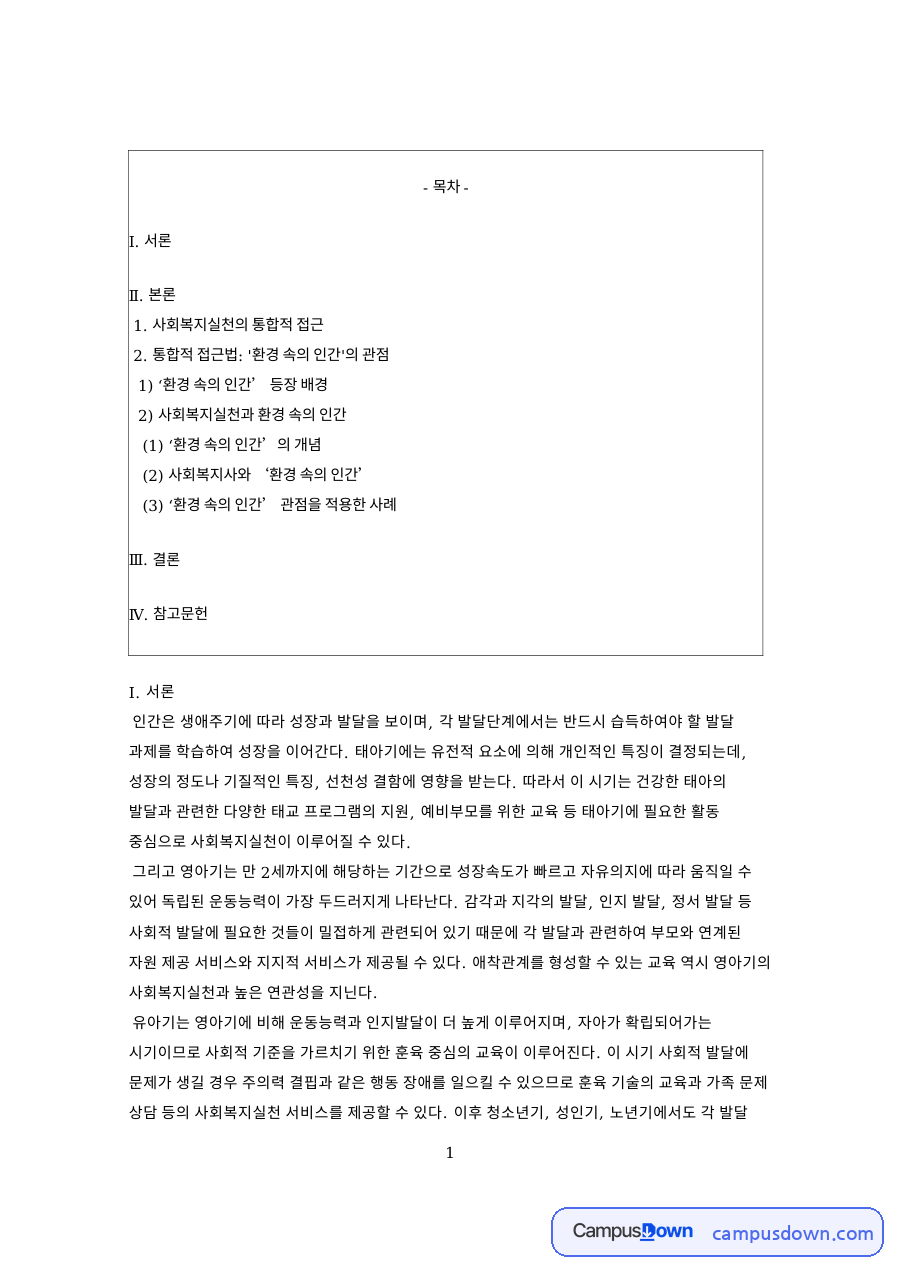 환경 속의 인간 관점으로 보는 사회복지실천 통합적 접근 정리 자료의 첫 페이지 미리보기