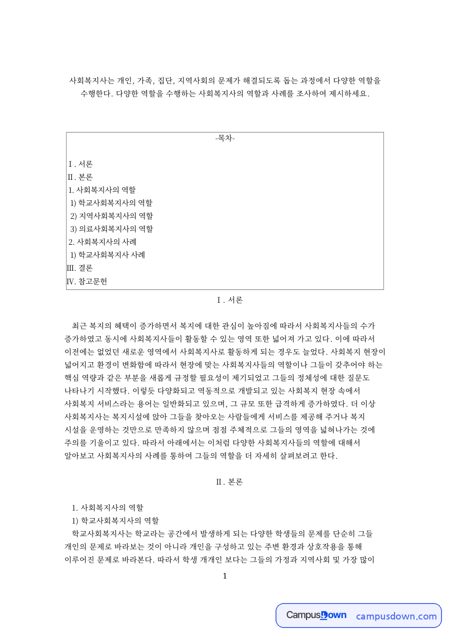 사회복지사의 역할 자료의 첫 페이지 미리보기