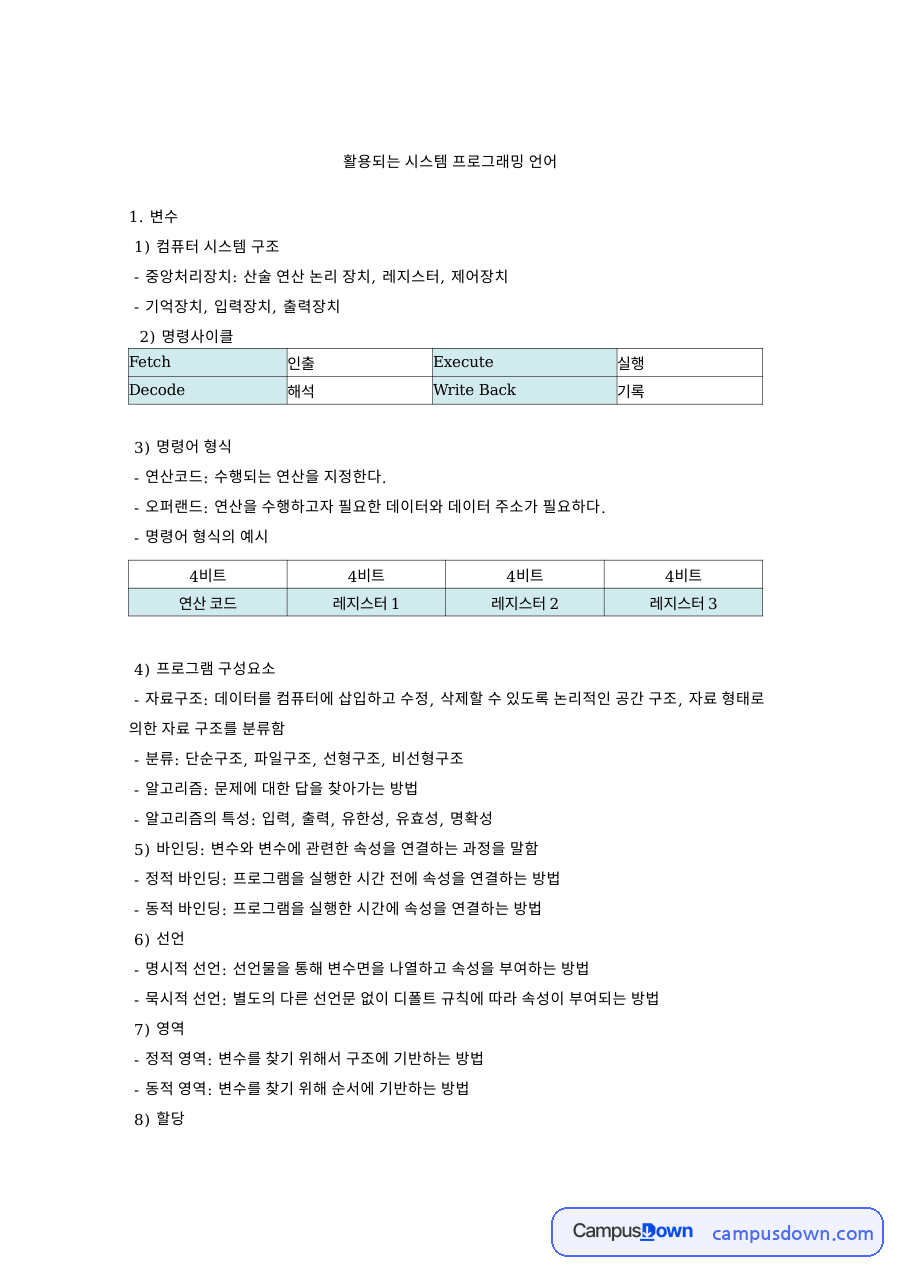 활용되는 시스템 프로그래밍 언어 핵심 개념과 주요 내용 정리 자료의 첫 페이지 미리보기