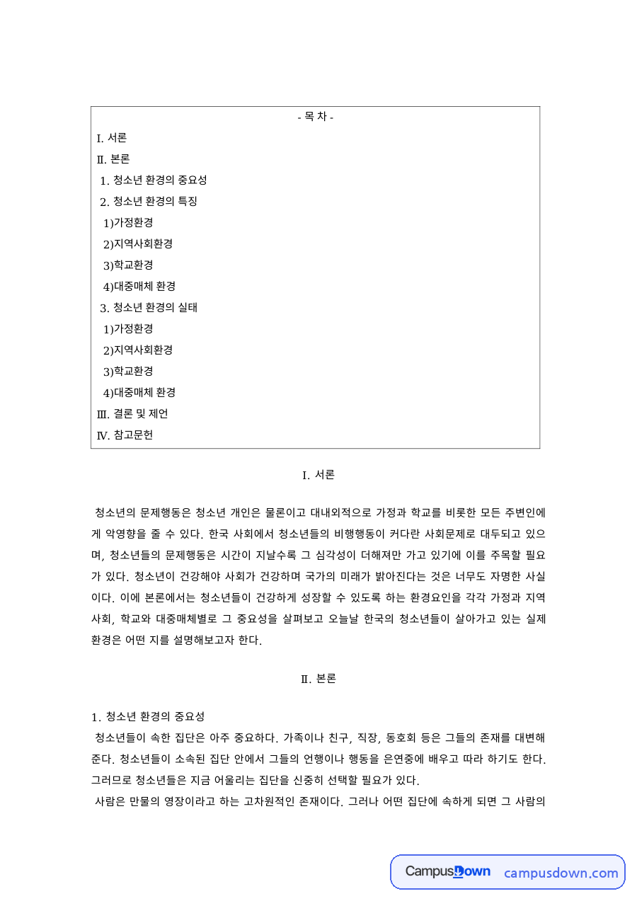청소년복지 과제 – 청소년 문제행동과 가정·지역사회 환경 자료의 첫 페이지 미리보기