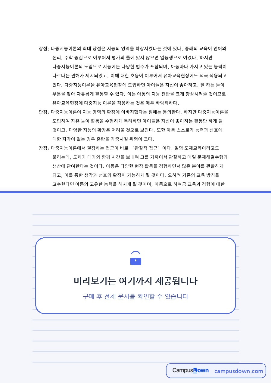 다중지능이론과 유아교육현장, 장점 관련 핵심 내용 요약 정리 자료의 첫 페이지 미리보기