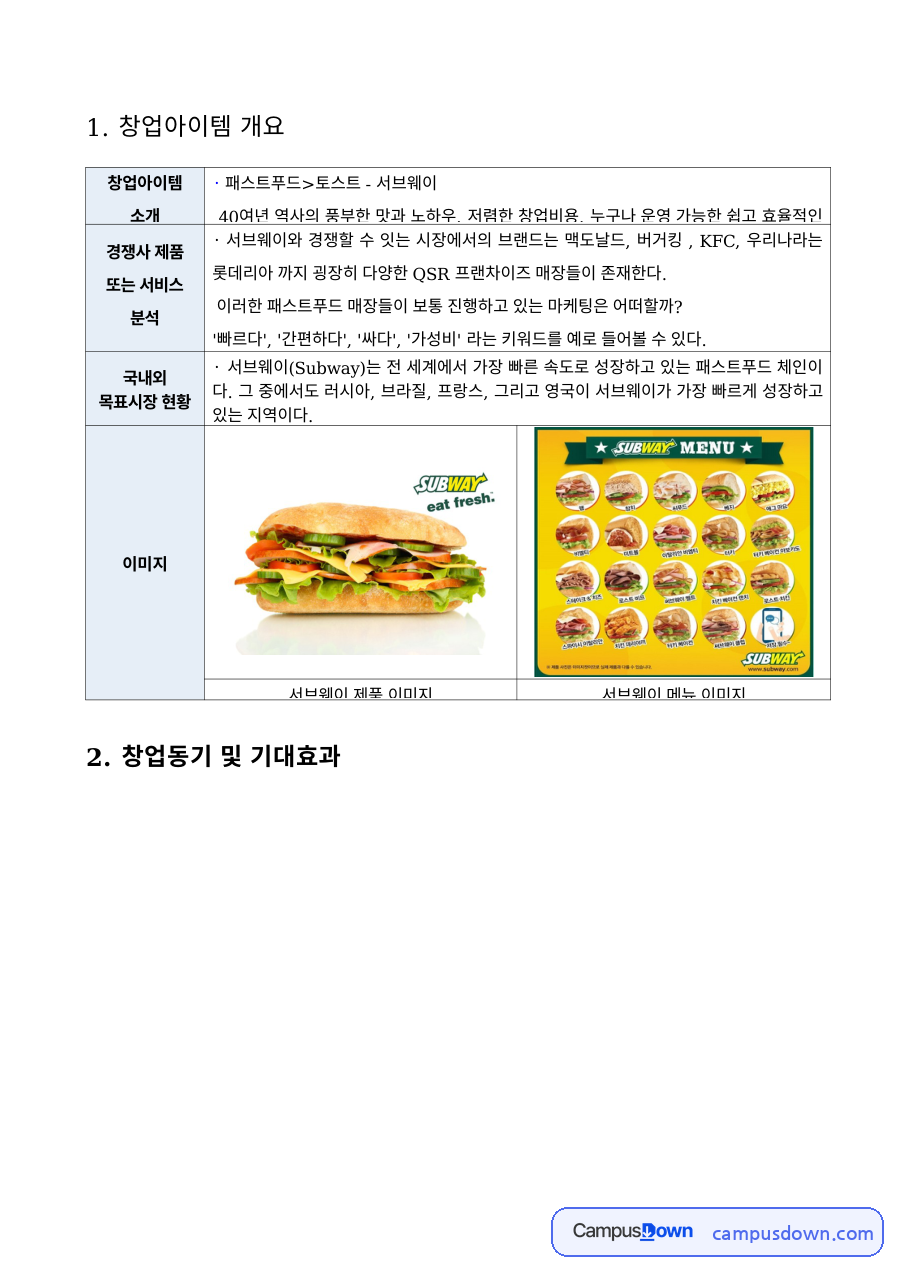 창업론 과제 – 토스트 패스트푸드 창업아이템과 추진 전략 자료의 첫 페이지 미리보기