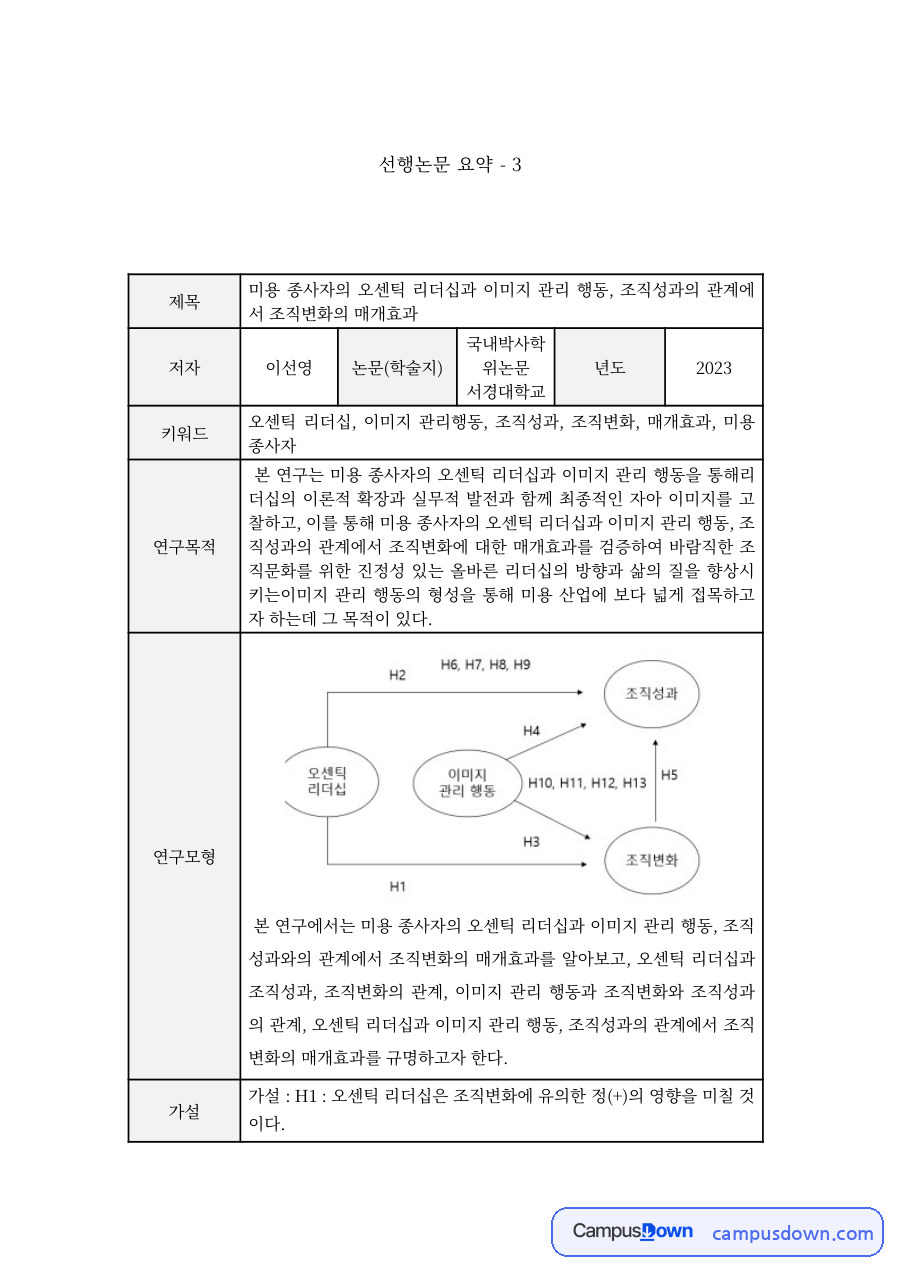 리더십 과제 – 미용 종사자 오센틱 리더십과 조직성과 선행논문 요약 자료의 첫 페이지 미리보기