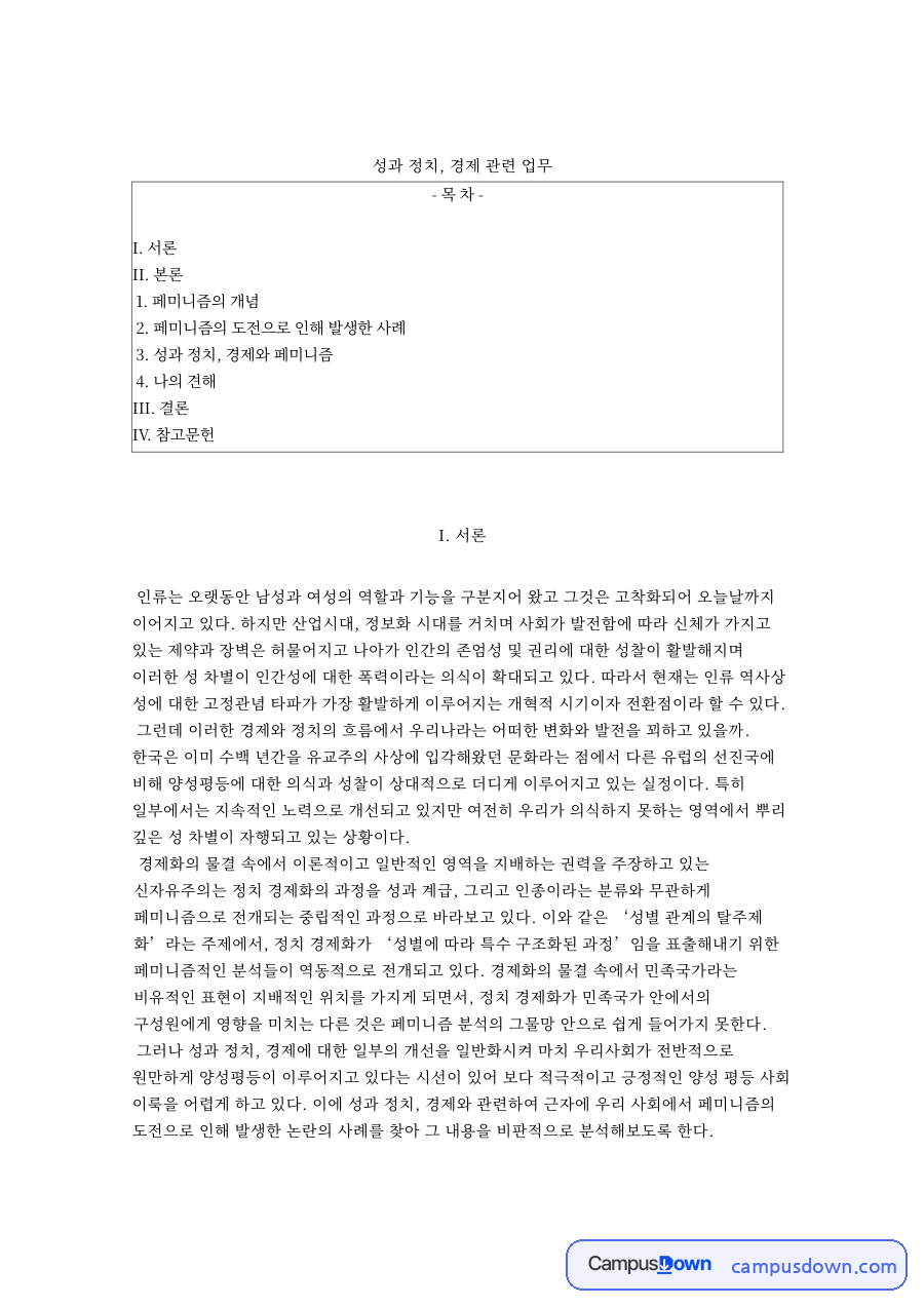 페미니즘의 개념: 경제화·신자유주의 중심 핵심 내용 정리 자료의 첫 페이지 미리보기
