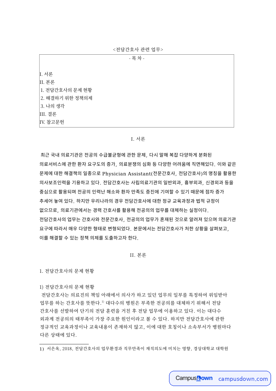 전담간호사의 문제 현황 핵심 개념과 주요 내용 정리 자료의 첫 페이지 미리보기