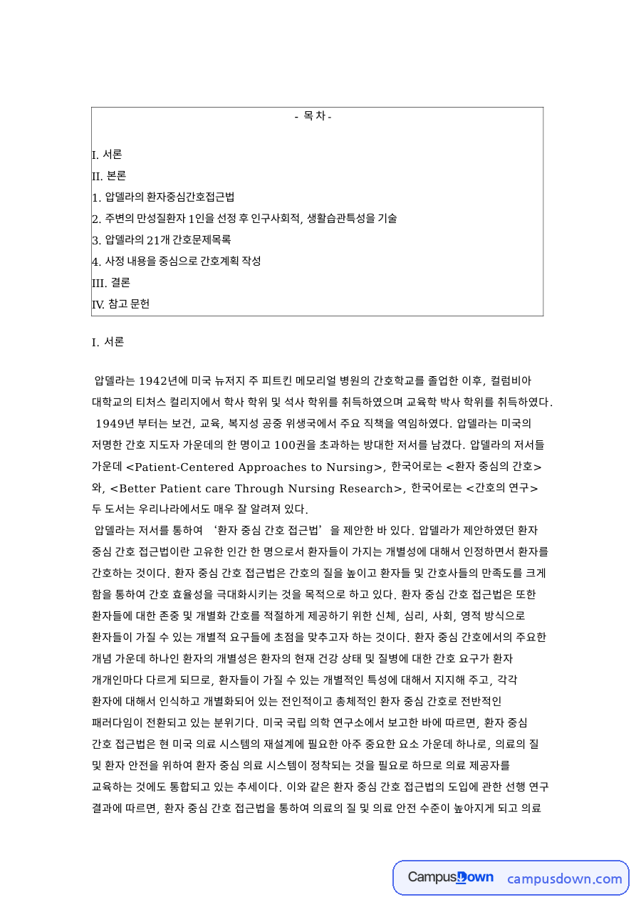 압델라의 환자중심간호접근법 신장 관련 핵심 내용 요약 정리 자료의 첫 페이지 미리보기