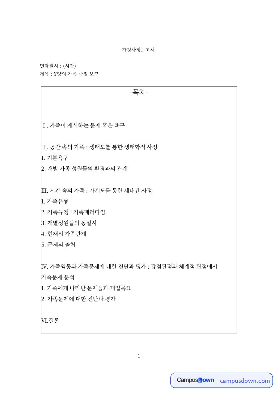 Y양의 가족 사정 보고 핵심 개념과 주요 내용 정리 자료의 첫 페이지 미리보기
