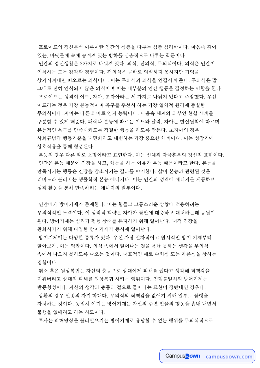 방어기제와 이드, 초자아 관련 핵심 내용 요약 정리 자료의 첫 페이지 미리보기