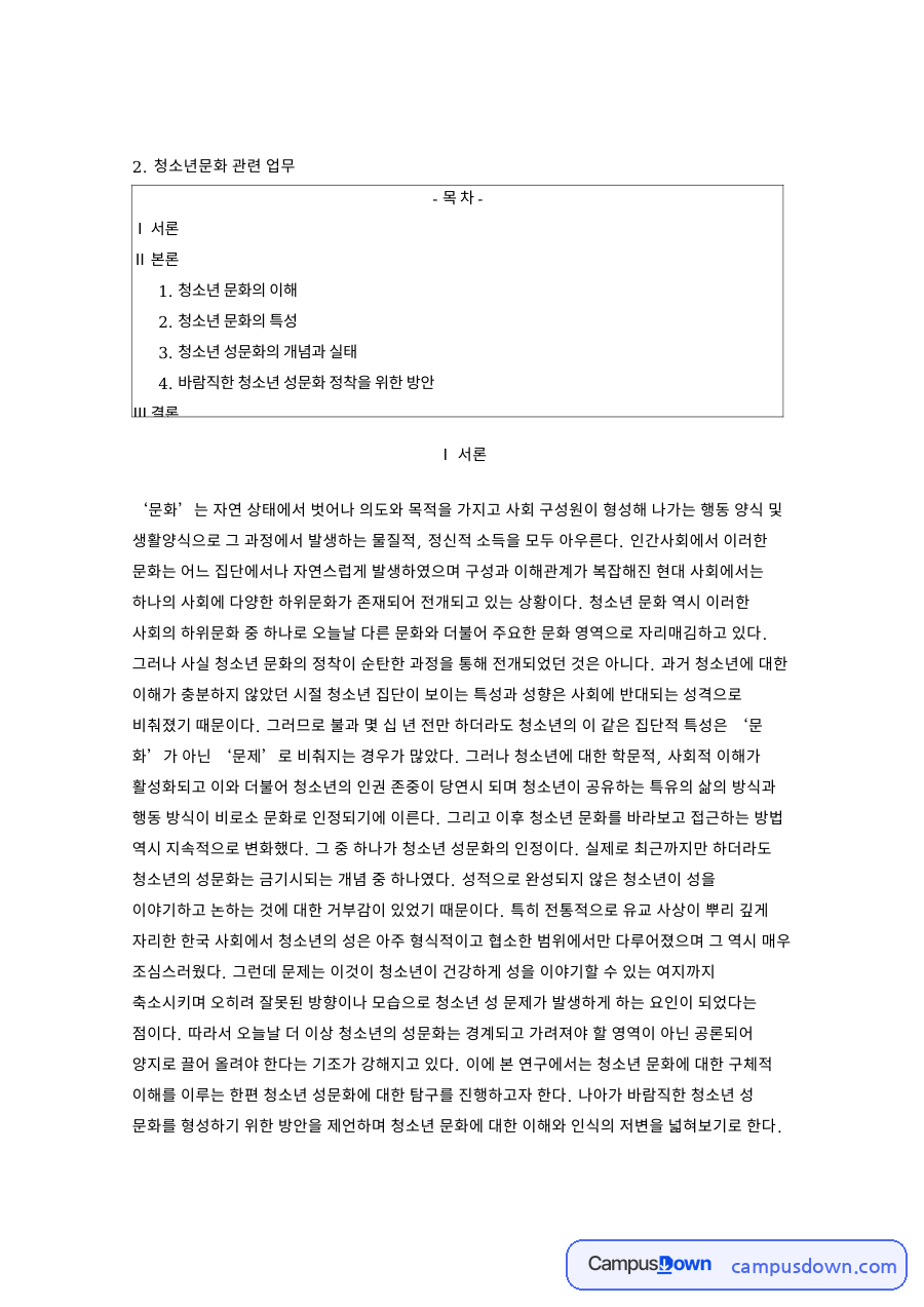 청소년문화 관련 업무와 청소년 문화의 이해와 서론 자료의 첫 페이지 미리보기
