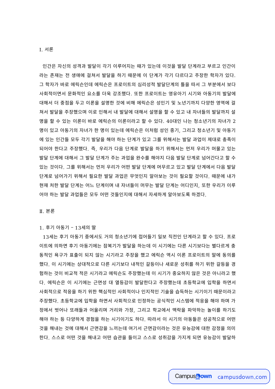 에릭슨 발달단계로 본 후기 아동기 13세 딸 사례 자료의 첫 페이지 미리보기