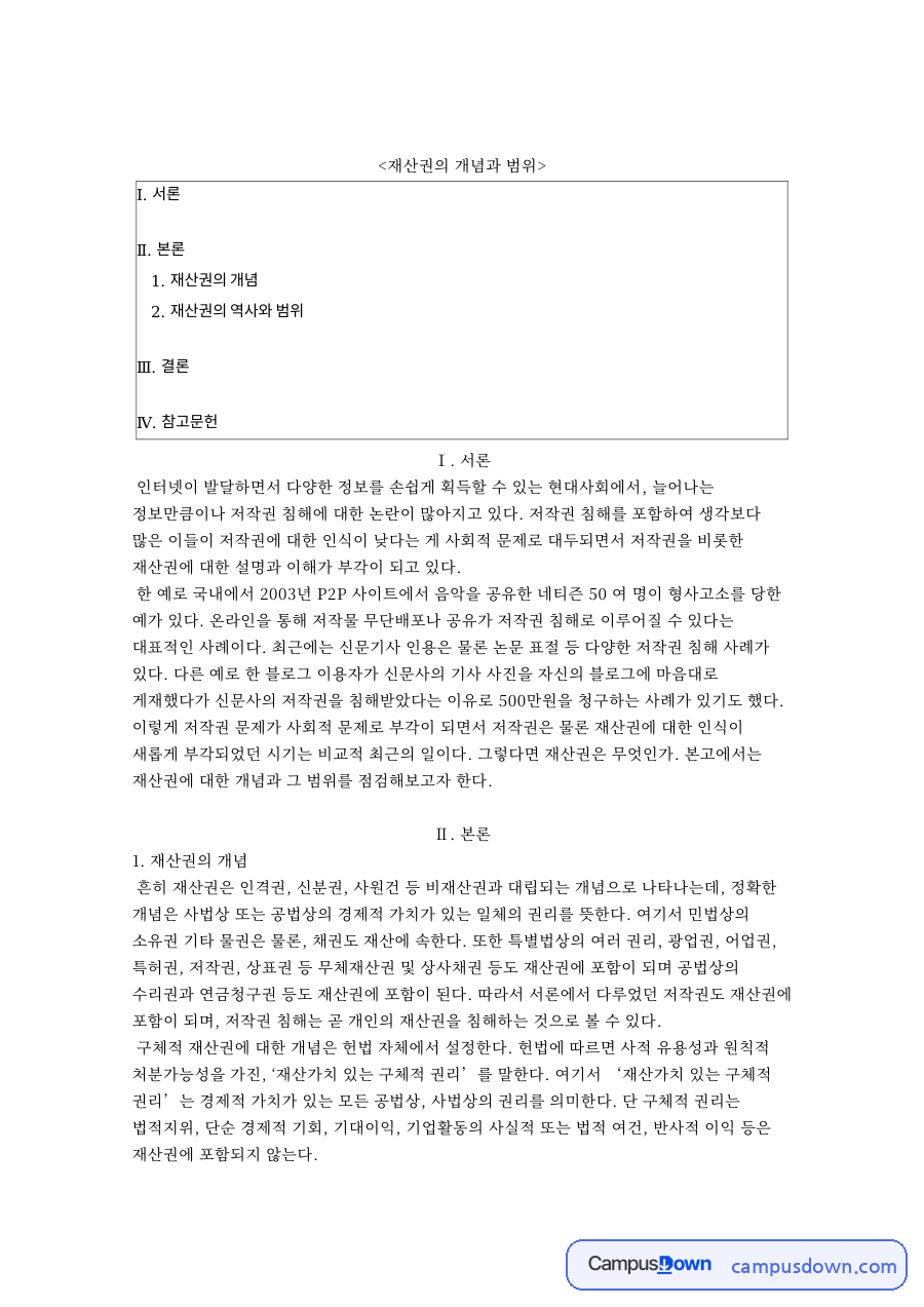 재산권 개념과 범위 역사 저작권 침해 사례와 무체재산권 정리 자료의 첫 페이지 미리보기