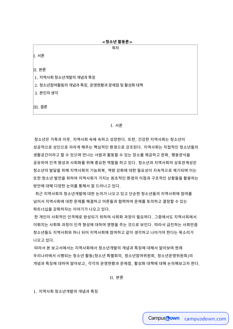 청소년 활동론 자료의 첫 페이지 미리보기