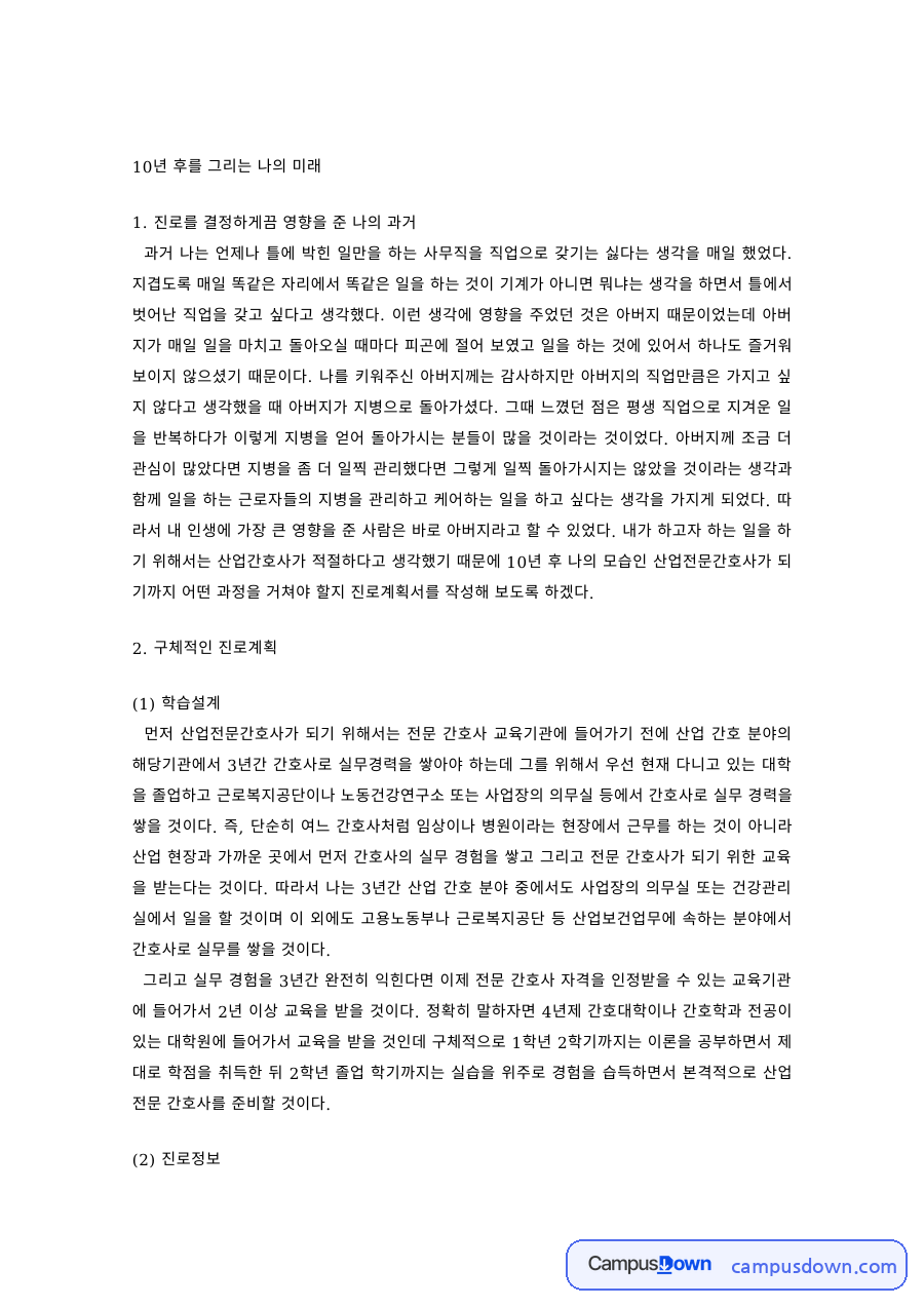 진로설계 과제 – 10년 후를 그리는 나의 미래, 학습·진로경로 설계 자료의 첫 페이지 미리보기