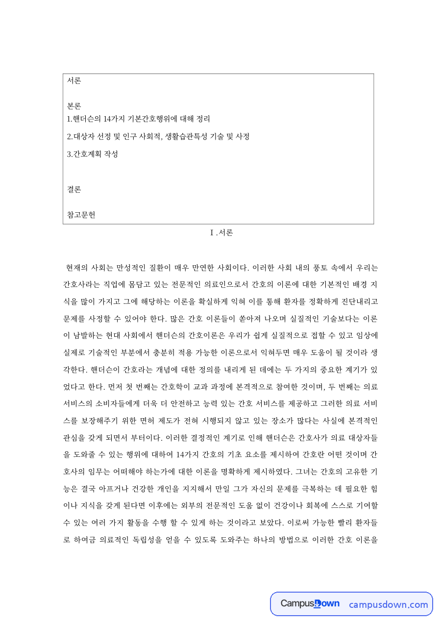 핸더슨의 14가지 기본간호행위: 환자·대상자 중심 핵심 내용 정리 자료의 첫 페이지 미리보기