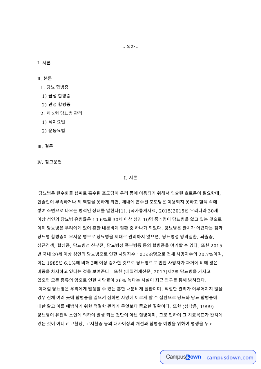 당뇨 합병증 혈당 관련 핵심 내용 요약 정리 자료의 첫 페이지 미리보기