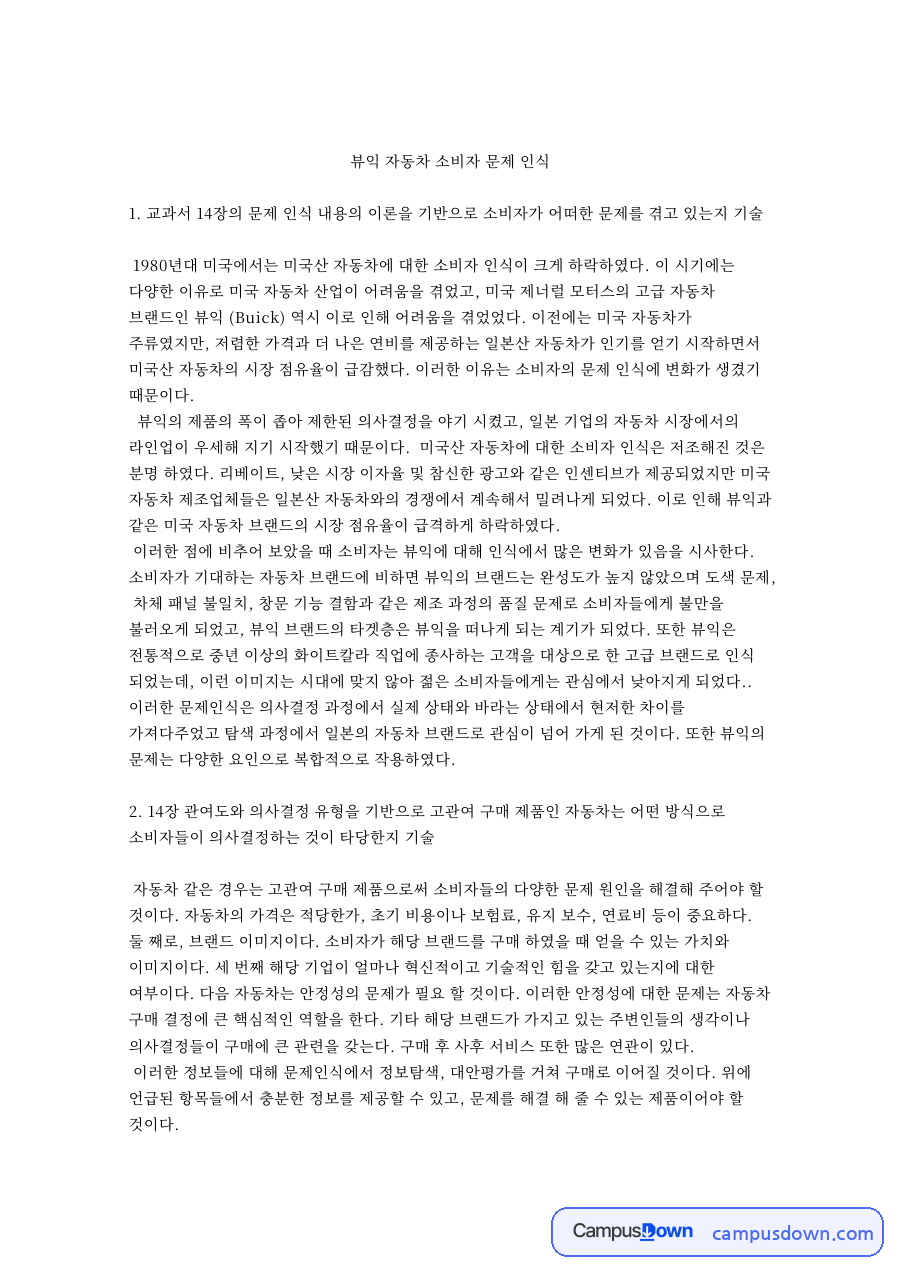 뷰익 자동차 소비자 문제 인식 자료의 첫 페이지 미리보기