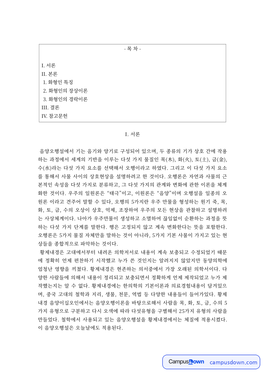한방미용 과제 – 화형인의 특징과 장상·경락이론 자료의 첫 페이지 미리보기