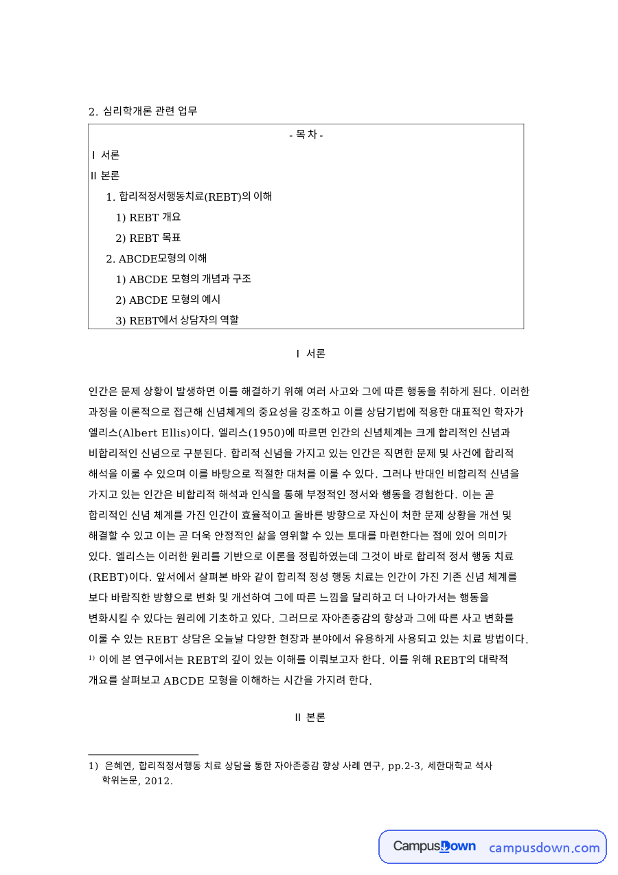 합리적정서행동치료(REBT)의 이해와 심리학개론 관련 업무 자료의 첫 페이지 미리보기