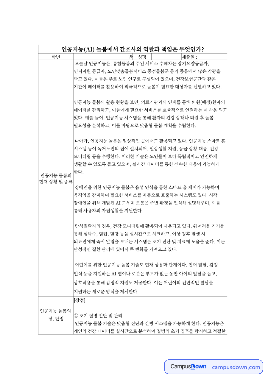 인공지능(AI) 돌봄에서 간호사의 역할과 책임은 무엇인가? 자료의 첫 페이지 미리보기