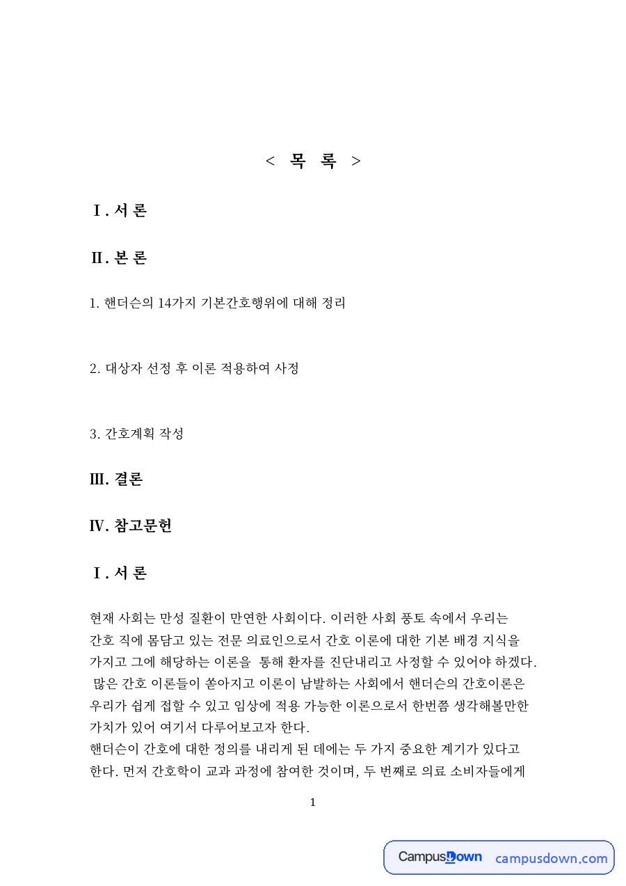 핸더슨의 14가지 기본간호행위 핵심 개념과 주요 내용 정리 자료의 첫 페이지 미리보기
