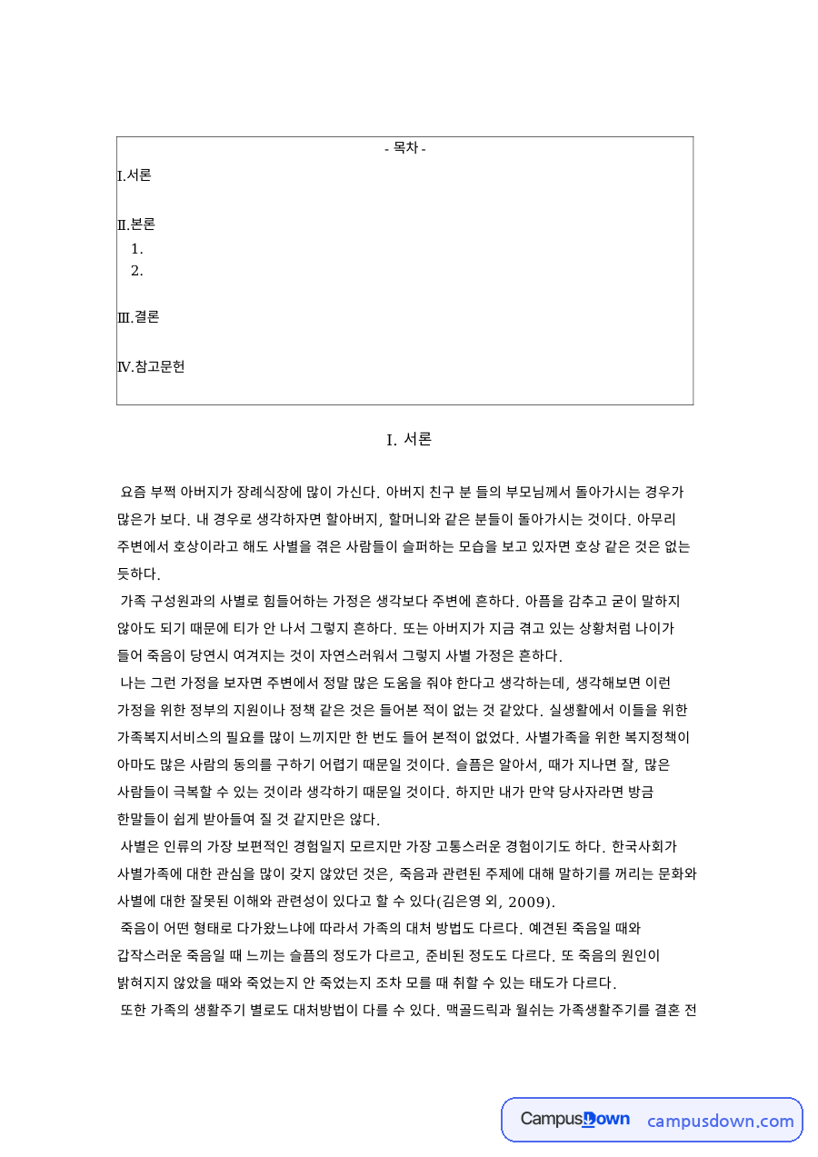 사별과 죽음, 김은영 관련 핵심 내용 요약 정리 자료의 첫 페이지 미리보기