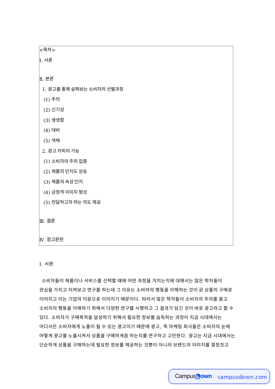 광고 효과와 소비자 심리, 주의 선택 카피 활용 사례 분석 자료의 첫 페이지 미리보기