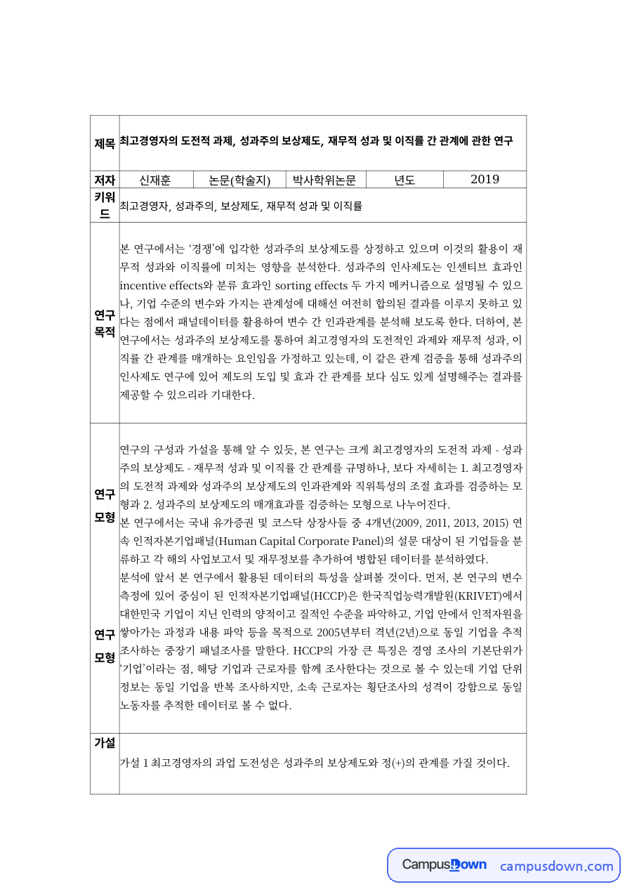 최고경영자의 도전적 과제와 성과주의 보상제도 논문 요약 정리 자료의 첫 페이지 미리보기