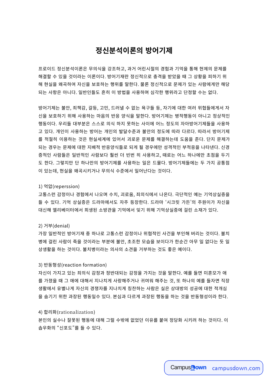 정신분석이론의 방어기제 자료의 첫 페이지 미리보기