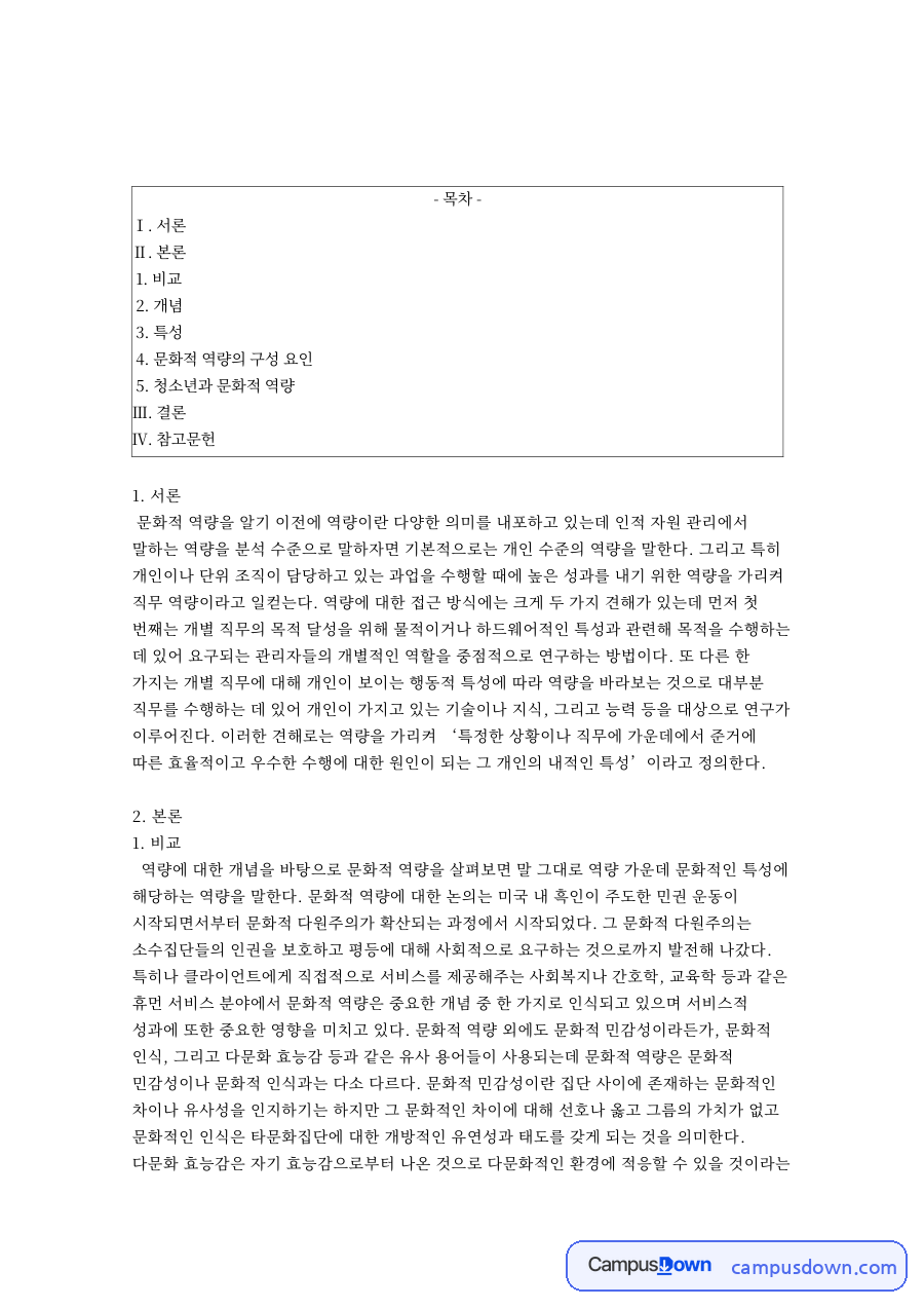 문화적 역량의 구성 요인 핵심 개념과 주요 내용 정리 자료의 첫 페이지 미리보기