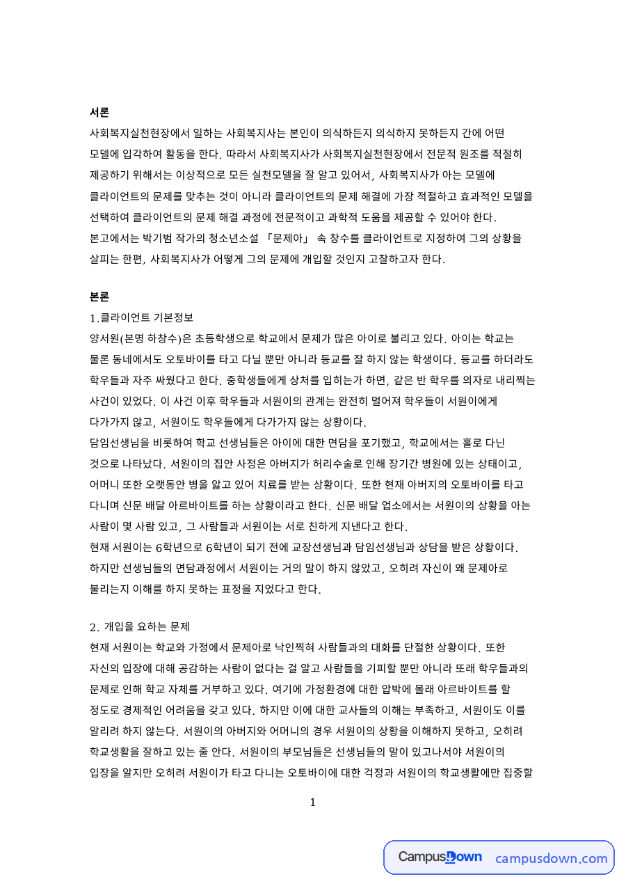 사회복지실천론 문제아 사례로 본 심리사회모델과 해결중심모델 자료의 첫 페이지 미리보기