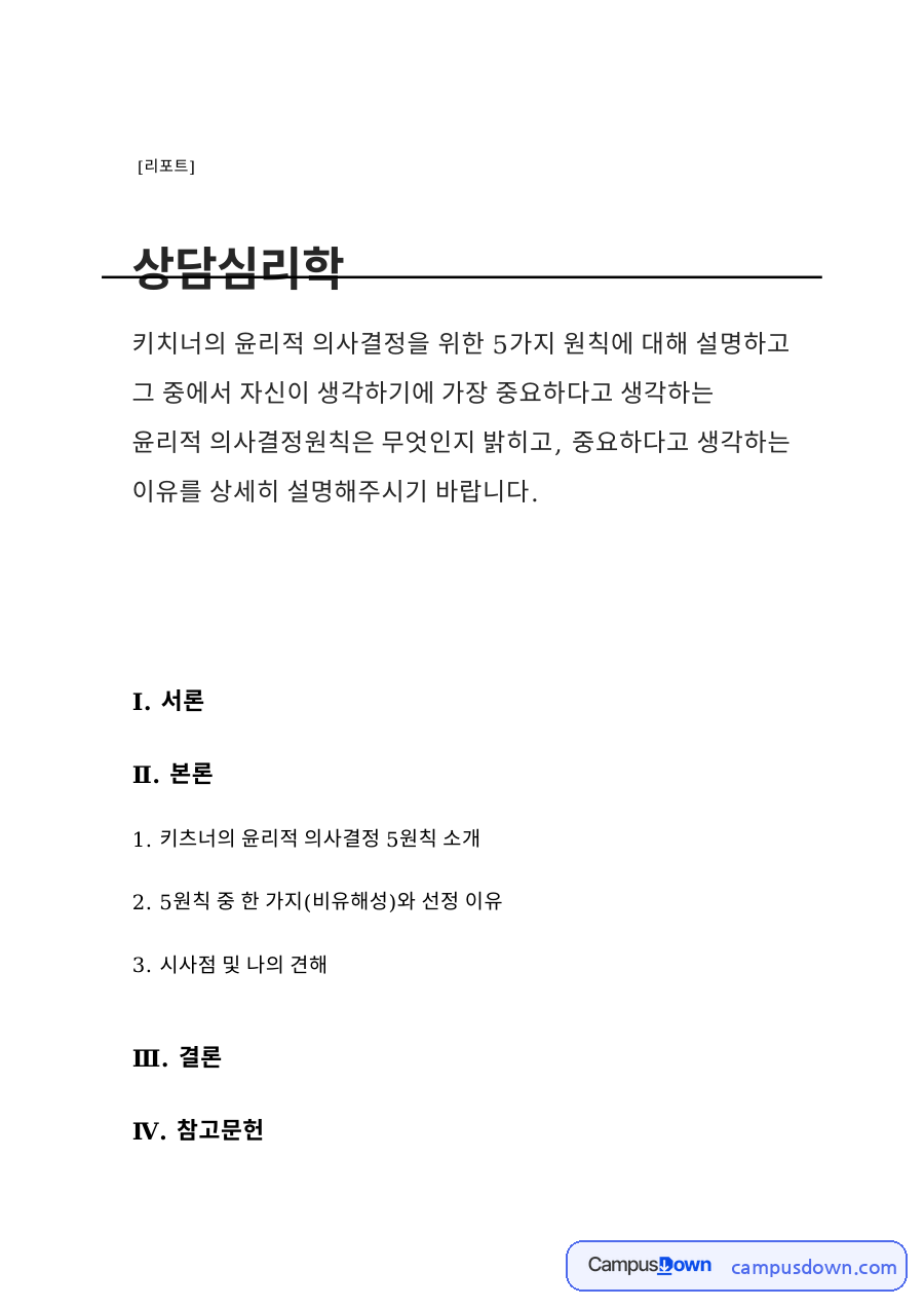 키츠너의 윤리적 의사결정 5원칙 소개 자료의 첫 페이지 미리보기