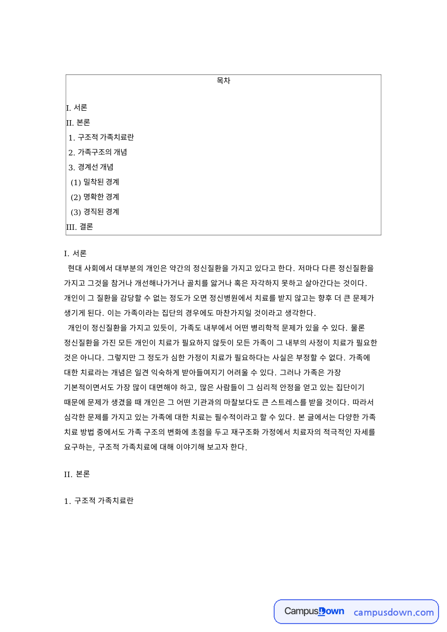 구조적 가족치료: 경계선·하위체계 중심 핵심 내용 정리 자료의 첫 페이지 미리보기